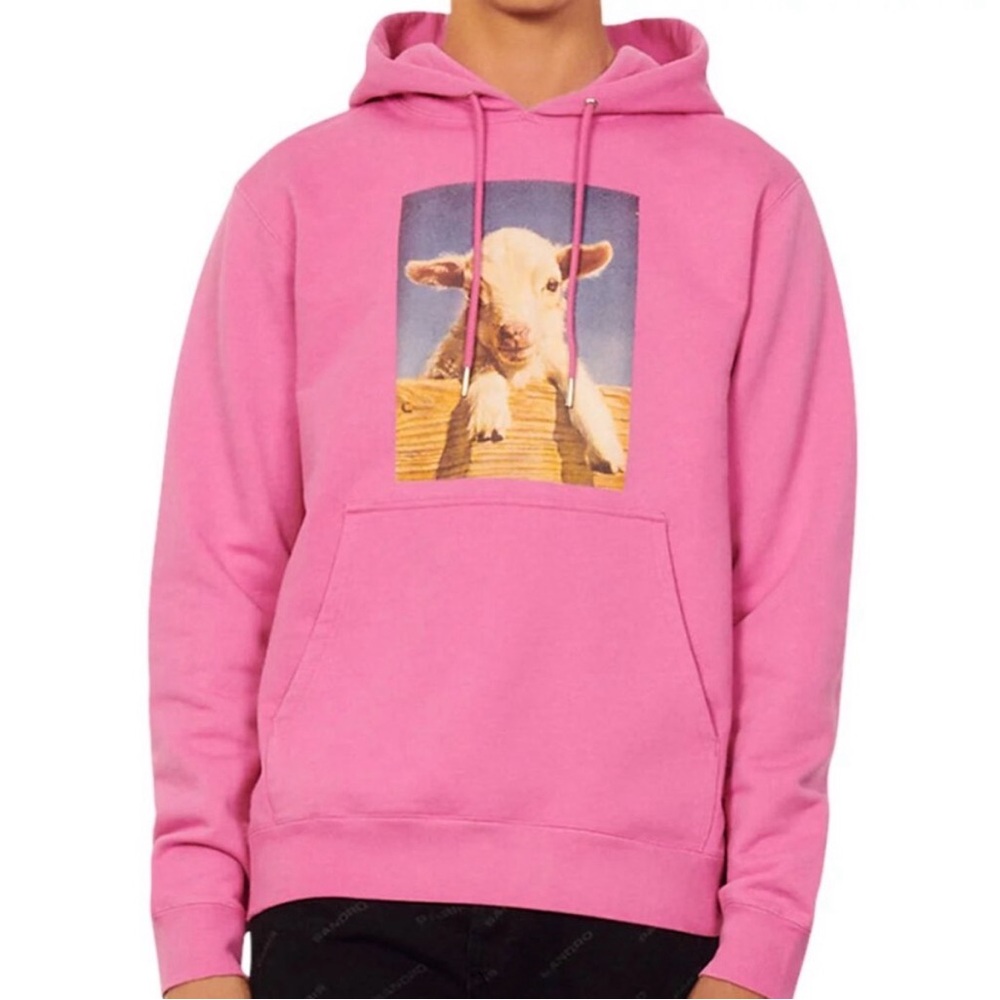 Sandro Paris Men's Pink Hoodie with Lamb Graphic - Size M - EUC (Rare)